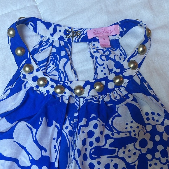 Lilly Pulitzer Size Small Rogan Silk Halter Top Quahog Chowdah Blue White Studs - Picture 2 of 7